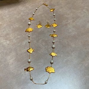 Anne Klein White Pearl and Gold Fish Necklace & Earrings